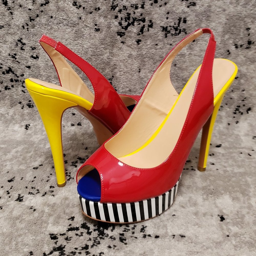 Onlymaker Red Yellow Blue Stripe Platform Peeptoe Slingbacks 13 Faux Lady Sling